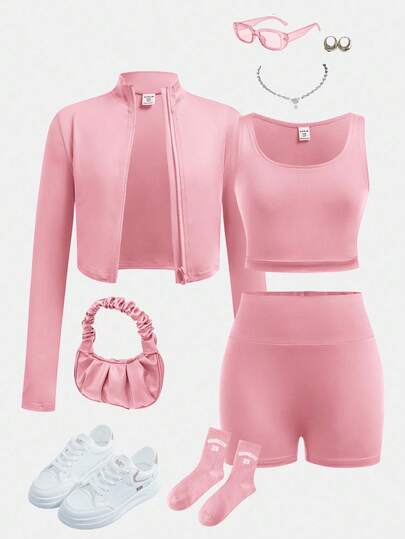 SHEIN Tween Girl Long Sleeve Zip-Up Collar T-Shirt, Vest And Leggings 3 PiecesSports Outfit Pink Outfit Pink Outfits Pink Clothes Cute Pink Outfit Teen Pink Outfit Cute Pink Workout Set Fall Winter