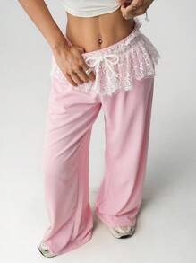 SHEIN ICON 宽松纹理面料蕾丝腰带休闲运动裤 - 粉色 - 查看 3