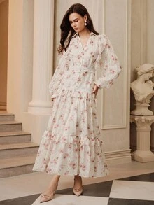 SHEIN Unity New Lightweight Luxury French Floral V-Neck Lantern Sleeve Cinched Waist Elegant Dress For Women - Multicolor - View 3
