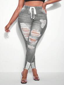SHEIN Cottnline Plus Size Women Drawstring Waist Pocket Distressed Skinny Casual Versatile Jeans - Grey - View 1
