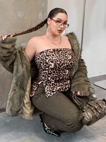 SHEIN EZwear Plus Size Women's Leopard Print Tube Top, For Summer