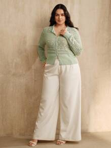 Anewsta Cardigan feminino plus size elegante com contas vazadas e ajustado, outono/inverno - Verde - Ver 4