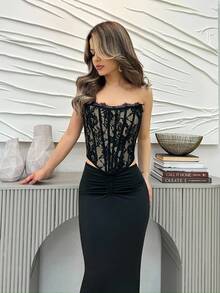 Jemour Falda Con Volante Delantero Y Dobladillo De Cola De Sirena Para Primavera Y Verano - Negro - Ver 6