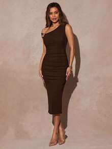 Silquee Đầm ôm cổ lệch màu thanh lịch dành cho nữ, mùa hè - Cà phê nâu - Xem 5