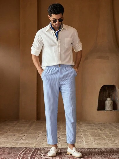 HIMLAND Erkek Günlük Dokuma Dikey Çizgili Orta Bel Dar Pantolon, Günlük Giyim İçin Uygun, Yaz Tatili ve Sahil Stili İçin Mükemmel Erkek Çizgili Pantolon, Sonbahar