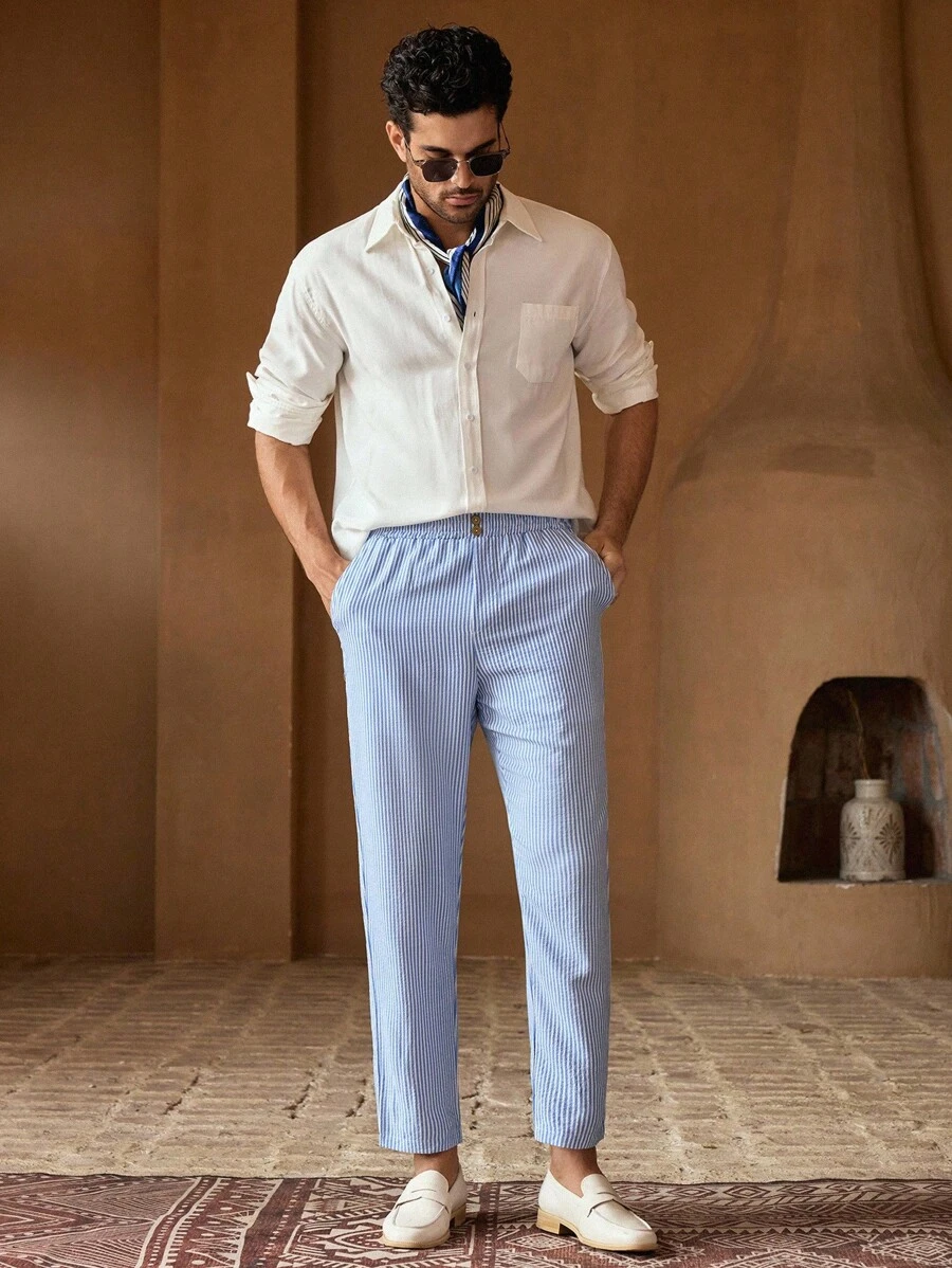 HIMLAND 男士休闲梭织竖条纹中腰锥形裤，适合日常穿着，非常适合夏季度假和沿海风格男士细条纹裤细条纹裤，秋季 - 藍白色 - 查看 1