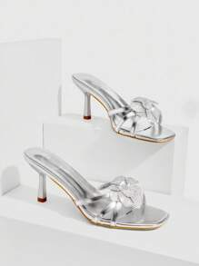 CUCCOO SZL Women's Silver Metallic PU Camellia Flower Rhinestone Embellished Elegant Sexy French Style Pointed Toe High Heel Sandals - Silver - View 2