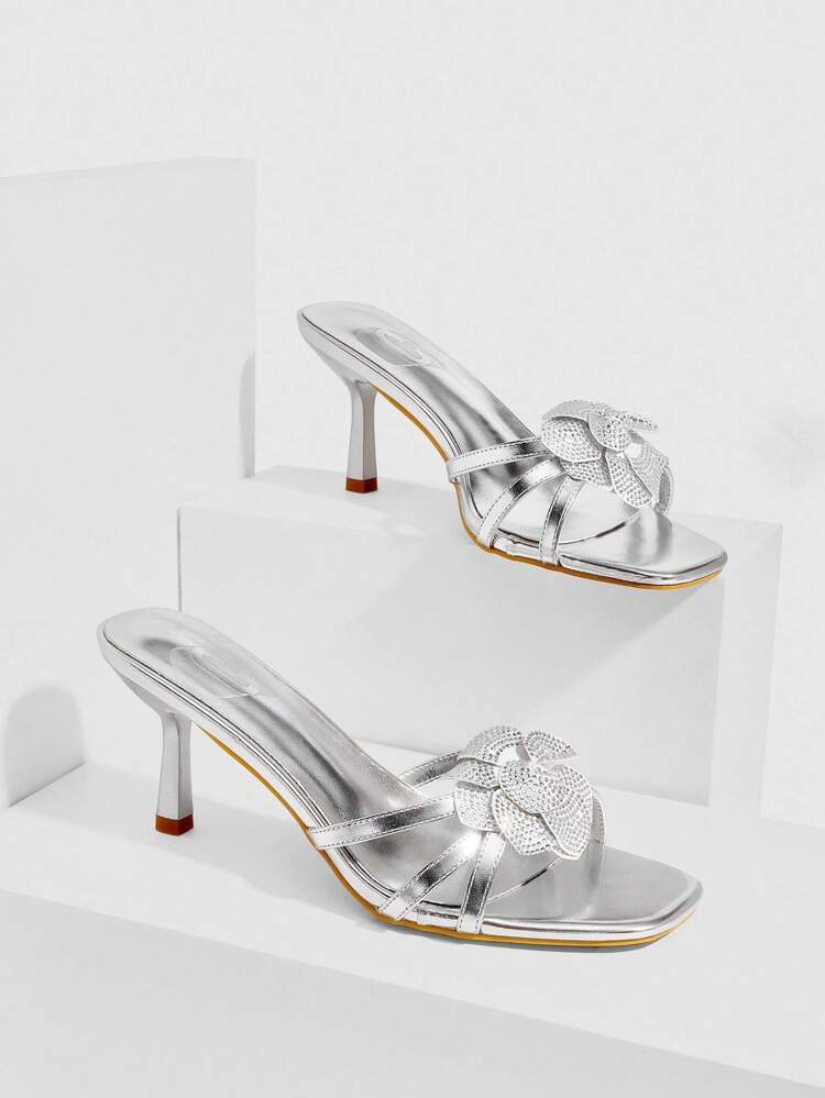 CUCCOO SZL Women's Silver Metallic PU Camellia Flower Rhinestone Embellished Elegant Sexy French Style Pointed Toe High Heel Sandals