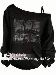 SHEIN CURVE+ 加大码喇叭袖蝴蝶结罗纹 T 恤哥特/哥特式女装/万圣节加大码/万圣节服装秋季服装/秋冬 - 彩色 - 查看 1