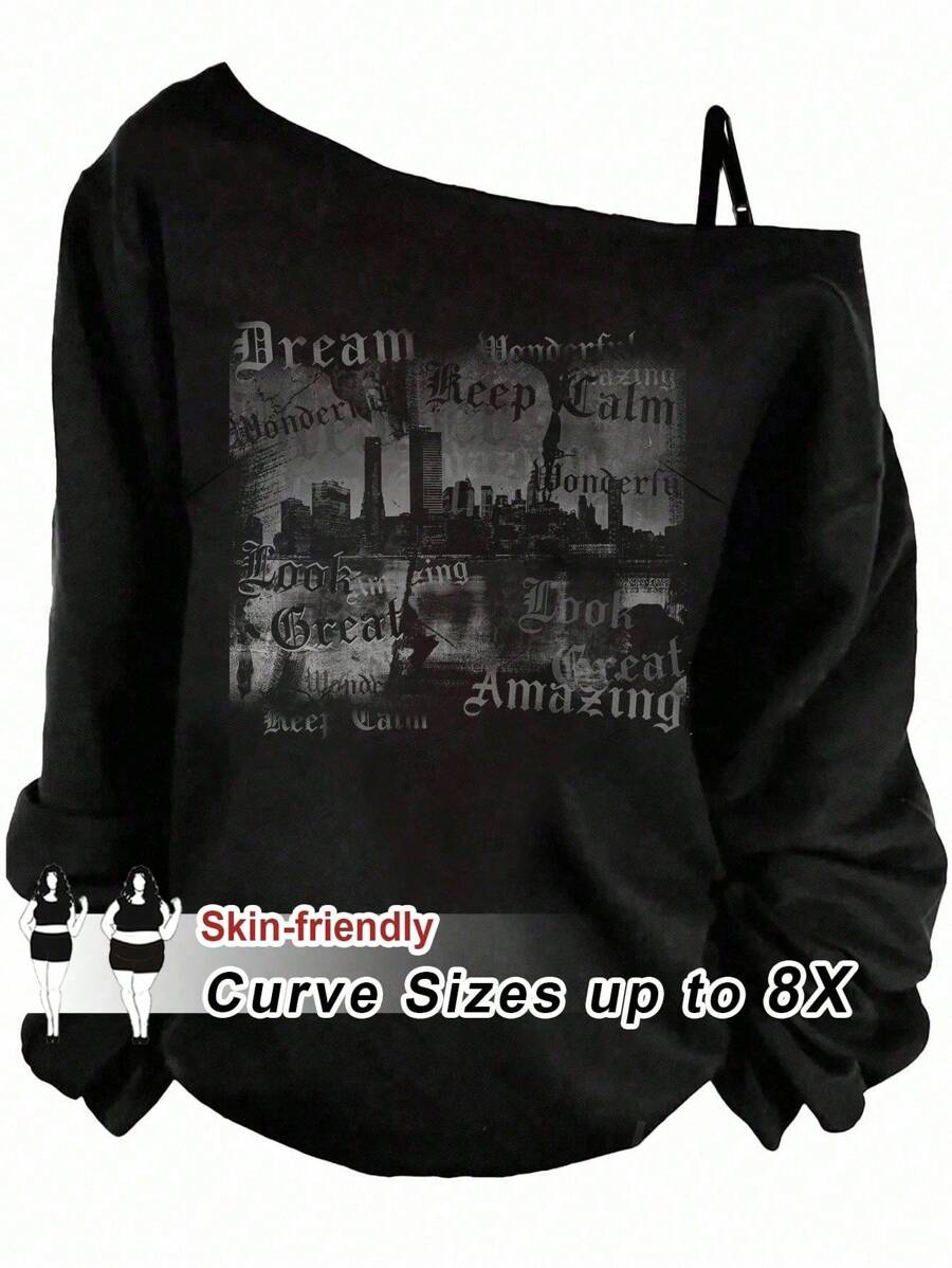 SHEIN CURVE+ 加大码喇叭袖蝴蝶结罗纹 T 恤哥特/哥特式女装/万圣节加大码/万圣节服装秋季服装/秋冬 - 彩色 - 查看 1