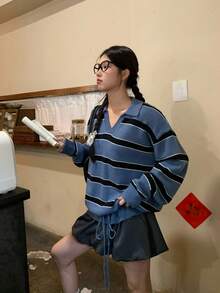DAZY Women's Collared Korean Style Striped Casual Solid Color Back To School Long Sleeve Sweater Fall - Blue - View 3