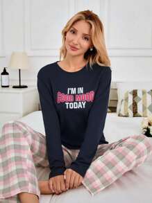 EURMUSE Cotton 2Pcs  Slogan Printed Long Sleeve And Multicolour Detail Sleep Bottom PJ Set - Navy Blue - View 1