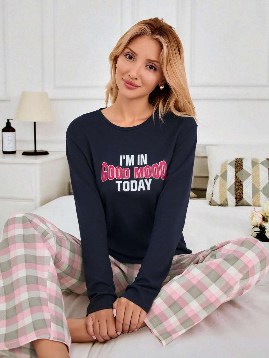 EURMUSE Cotton 2Pcs  Slogan Printed Long Sleeve And Multicolour Detail Sleep Bottom PJ Set - Navy Blue - View 1