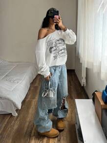 StreetHx 女式斜肩薄款运动衫，长袖，唇印，朋克与亚文化设计，白色 - 白色 - 查看 5