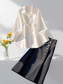 Franclia European And American Fashion Casual White Long-Sleeved Daily Office Outfits Leisure Button Up White Shirt Women Black Maxi Skirt Lounge Sets Fall Dresses For Women Black And White Two-Piece Suit Work Clothes