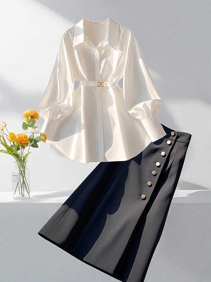 Franclia European And American Fashion Casual White Long-Sleeved Daily Office Outfits Leisure Button Up White Shirt Women Black Maxi Skirt Lounge Sets Fall Dresses For Women Black And White Two-Piece Suit Work Clothes