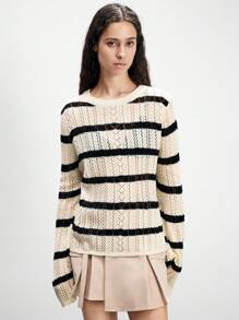 Chiquease Pulover tricotat cu mânecă lungă și dungi, guler rotund, scobit din buzunar, toamnă-iarnă