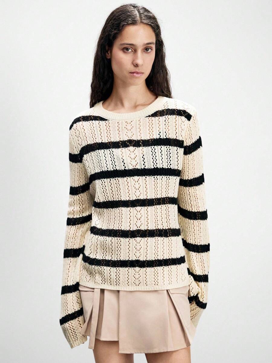 Chiquease Pulover tricotat cu mânecă lungă și dungi, guler rotund, scobit din buzunar, toamnă-iarnă