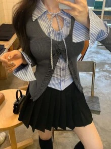 DAZY 女士条纹拼接系带荷叶边修身长袖休闲T恤 - 灰色 - 查看 6