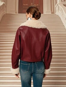 SHEIN Unity 女式仿毛领长袖PU皮革前拉链时尚夹克 - 酒紅色 - 查看 2