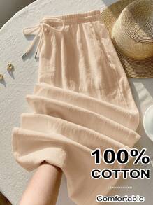 Comfortcana Plus Size Women Casual Solid Color Wide Leg Pants - Apricot - View 1