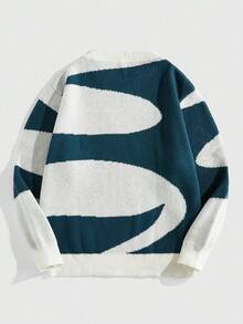 ROMWE MEN Prep 男士圆领不对称拼色提花针织毛衣，街头时尚，秋冬 - 綠色 - 查看 2