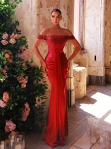 Glamrae Elegant Luxurious Burgundy Off Shoulder Sleeve Beaded Sequin Patchwork Elastic Satin Ruched Sexy Mermaid Dress With Train, Suitable For Weddings, Parties, Graduations, Galas, Formal Events (Heavy-Duty) - Burgundy - View 3