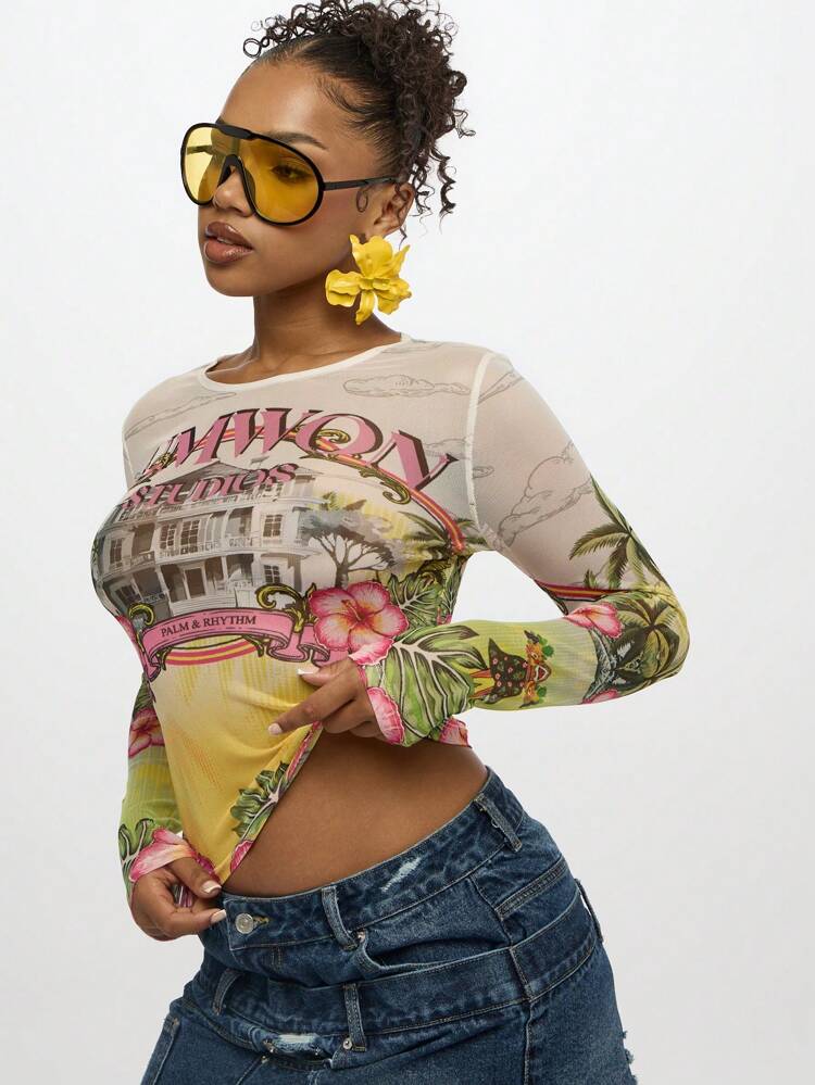 SUMWON WOMEN Printed Mesh Button Down Shirt With Hawaiian Scene