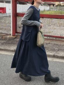 FRIFUL Women's Navy Blue Solid Color Round Neck Sleeveless Side Slit Large Pocket Decorated Maxi Denim Dress, Autumn - Blue - View 5