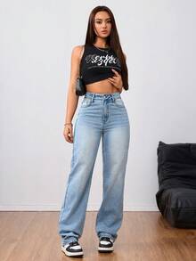 SHEIN Tall 女式高腰男友风做旧浅蓝色水洗 Y2K 牛仔裤 - 藍色 - 查看 4