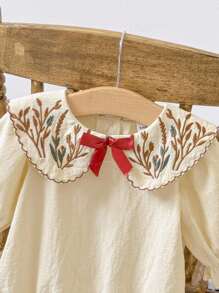 SHEIN Playful Pals Baby Girls' Countryside Embroidered Peter Pan Collar Bowknot Frill Cuff Long Sleeve Bodysuit, Autumn Fall Winter