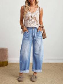 EMERY ROSE 女式纽扣前口袋宽松直筒牛仔裤 - 淺色水洗藍 - 查看 7