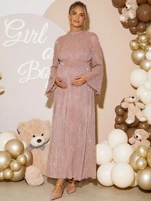 Loomaby 孕妇荷叶边领喇叭袖褶皱亮面连衣裙