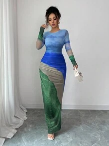 Rafferiza Women Ombre Print Crew Neck Long Sleeve Dress Maxi Women Outfit Casual Outfits Spring Fall Cloth For Women - Baby Blue - View 4