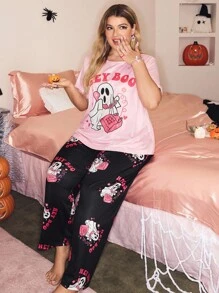 SweetSlumber Plus Size Cute Halloween Ghost "Hey Boo" Print Crew Neck Pajama Set Ghost Pajamas Halloween Pajamas - Multicolor - View 4