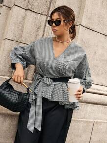 Calvaya Plus Size Women's Plaid Contrast Color Belt Waist Overlap V-Neck Puff Sleeve Mid-Sleeve Retro Elegant Blouse - Black and White - View 7