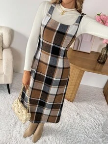 SHEIN LUNE 女士休闲格子无袖中长连衣裙，收腰设计，日常百搭，秋冬格子连衣裙，女士格子中长连衣裙，方格连衣裙，秋季连衣裙，大地色系连衣裙，外出穿搭，女士连衣裙，女士连衣裙，优雅休闲连衣裙，女士街头风秋季服装，女士秋季穿搭，秋季服装，女士冬季服装，冬季服装，女士休闲机场穿搭，女士外出穿搭，休闲 - 彩色 - 查看 6