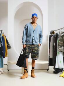 STEELVANCE Men's Solid Color V-Neck Drop Shoulder Long Sleeve Single-Breasted Pocket Casual Cardigan Sweater Back To School Everyday Comfort Thick Pocket Blue OVERSIZE Going Out , Fall Winter