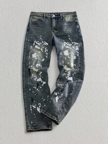 Manfinity VCAY Jeans casuales de cintura media para hombres, ajuste slim, jeans desgastados con salpicaduras de pintura, jeans desgastados, jeans con goteo, jeans rotos, jeans con salpicaduras de tinta, jeans con salpicaduras, jeans con pintura - Azul - Ver 1