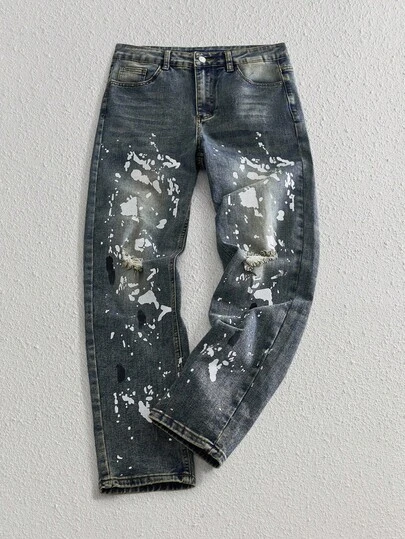 Manfinity VCAY Jeans casuales de cintura media para hombres, ajuste slim, jeans desgastados con salpicaduras de pintura, jeans desgastados, jeans con goteo, jeans rotos, jeans con salpicaduras de tinta, jeans con salpicaduras, jeans con pintura
