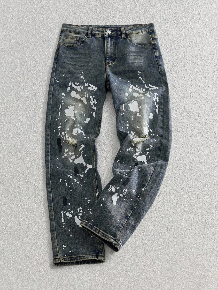 Manfinity VCAY Jeans casuales de cintura media para hombres, ajuste slim, jeans desgastados con salpicaduras de pintura, jeans desgastados, jeans con goteo, jeans rotos, jeans con salpicaduras de tinta, jeans con salpicaduras, jeans con pintura - Azul - Ver 1
