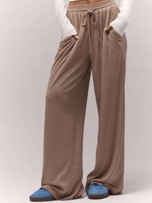 MUSERA Women's Wide Leg Pointelle Relaxed Elasticated Drawstring Waist Trousers,Chocolate Brown Autumn Casual Lounge Old Money Cute Cottage Core Pants - Brown - View 1
