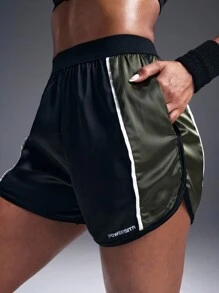 Powerista Pantalones cortos deportivos casuales de cintura alta con bloques de color - Negro - Ver 1