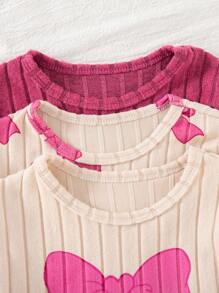 SHEIN Playful Pals 6件套可爱女婴春秋罗纹面料蝴蝶结印花/蝴蝶结印花/纯紫红色长袖弧形下摆T恤和修身裤休闲时尚装 - 彩色 - 查看 7