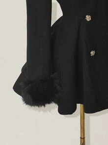 SHEIN ICON 女士优雅喇叭形人造毛皮拼布双排扣夹克，秋冬 - 黑色 - 查看 8