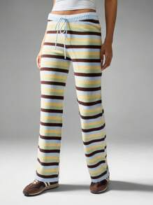 MISSGUIDED Pantalones de punto a rayas retro con cordón en la cintura, pernera ancha, estilo Y2K, pantalones informales de otoño e invierno, pantalones de estar por casa estilo vintage cómodos - Multicolor - Ver 1