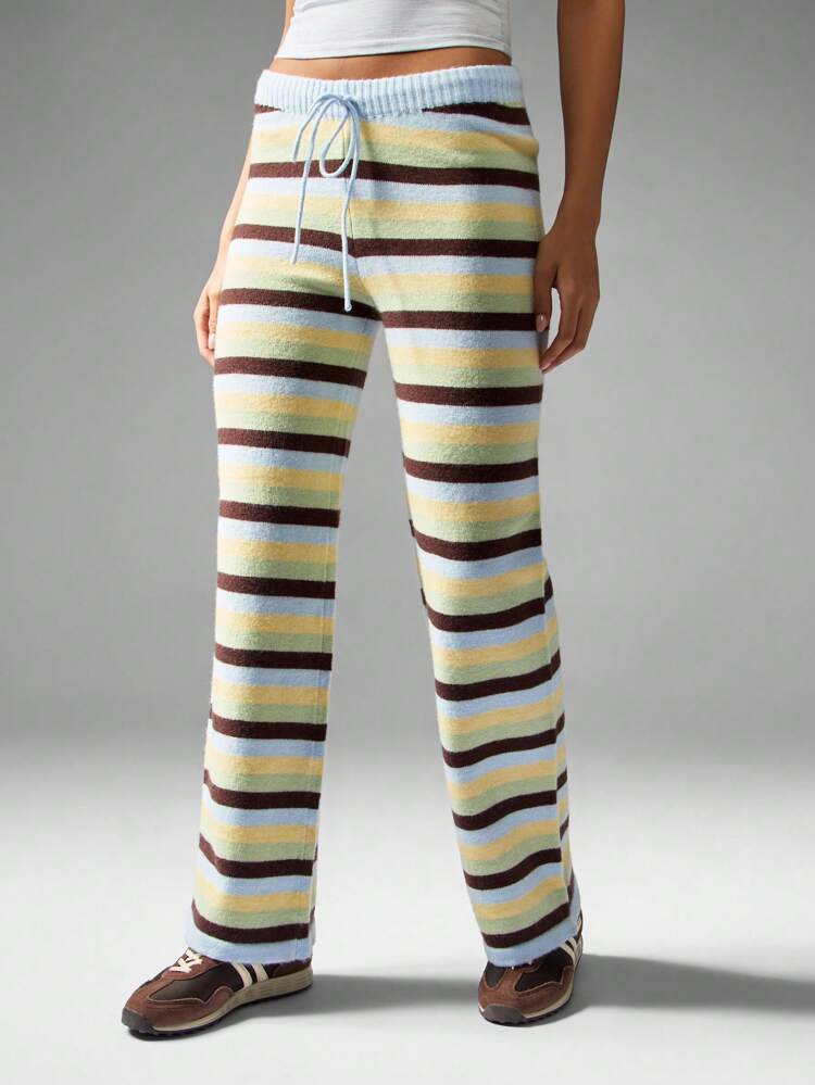 MISSGUIDED Retro Striped Knit Pants Drawstring Waist Y2K Wide Leg Lounge Bottoms Fall Winter Casual Trousers Vintage Style Cozy Loungewear