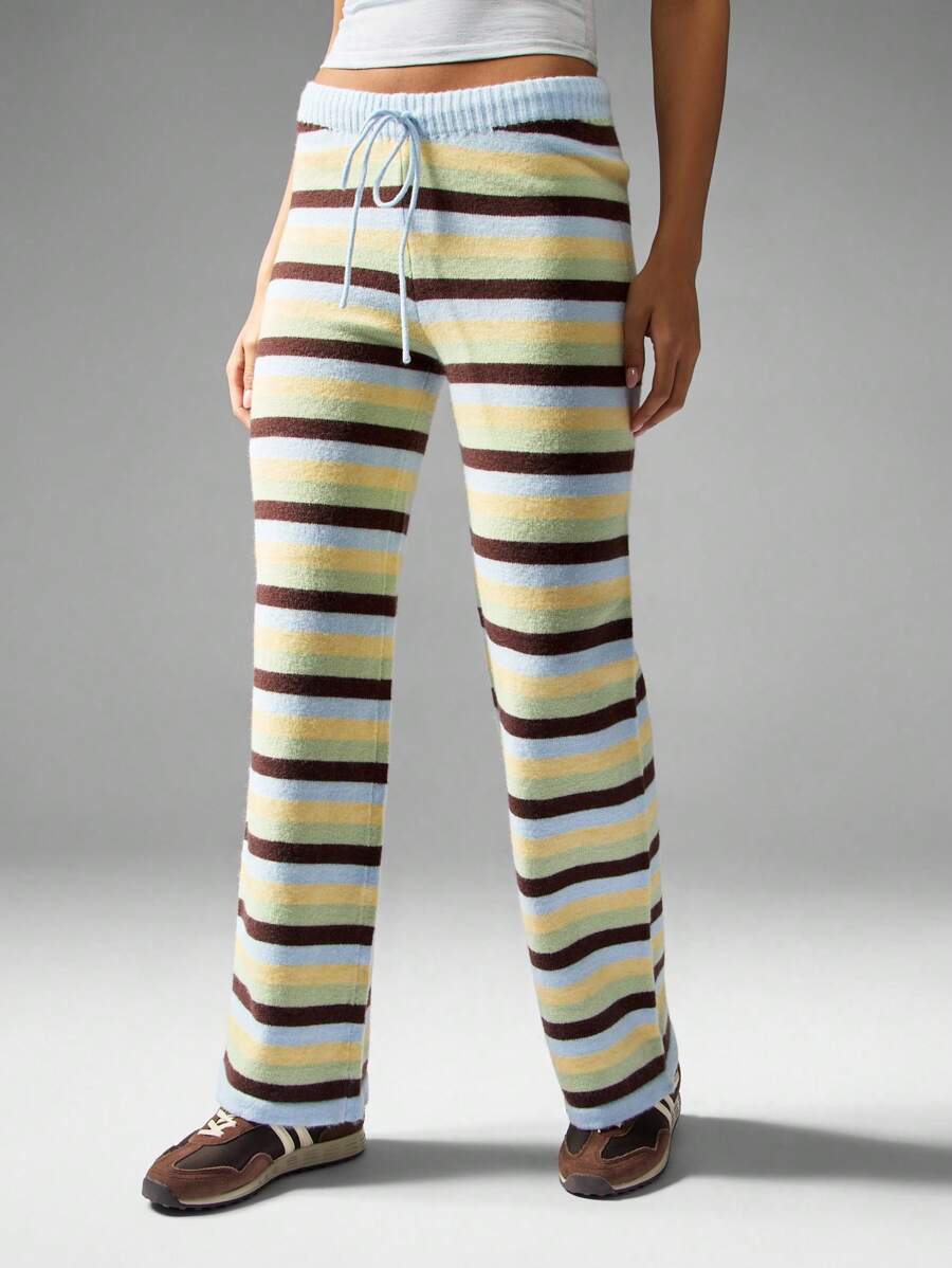 MISSGUIDED Pantalones de punto a rayas retro con cordón en la cintura, pernera ancha, estilo Y2K, pantalones informales de otoño e invierno, pantalones de estar por casa estilo vintage cómodos - Multicolor - Ver 1