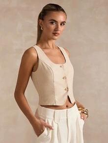 SHEIN BAE Autumn Women's Sexy Backless Vest Jacket Top, Suitable For Summer Wear, Sexy Vest, Backless Vest, Streetwear Vest, Office Wear.,Fall,Valentine's Day,Valentine Outfits For Women - Khaki - View 3