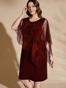 Flouryn 优雅网眼披肩拼接舒适针织二合一连衣裙，优雅大码连衣裙，春夏连衣裙 - 酒紅色 - 查看 3